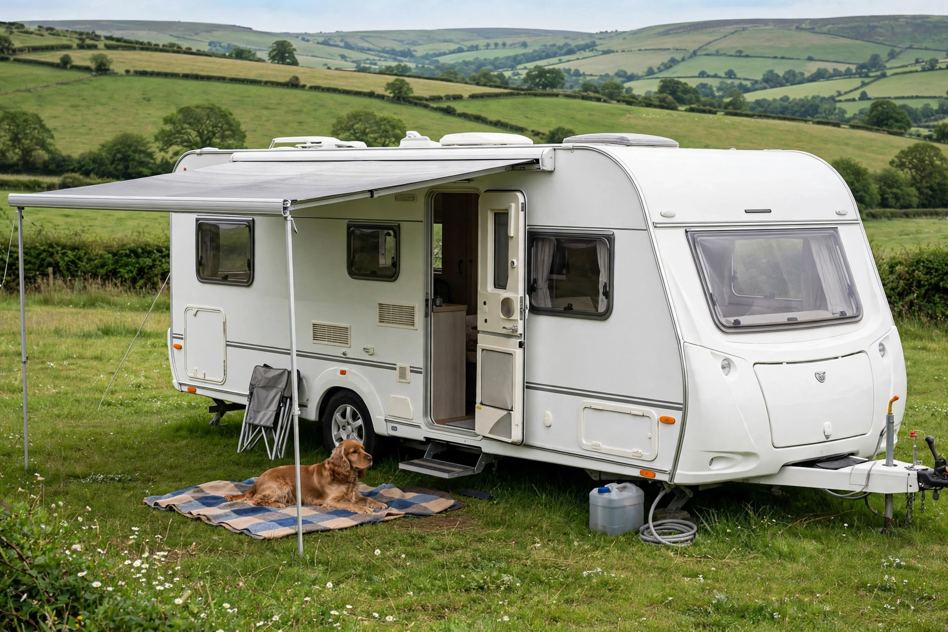 Touring caravan pitched in the British countryside, a spaniel resting outside the door