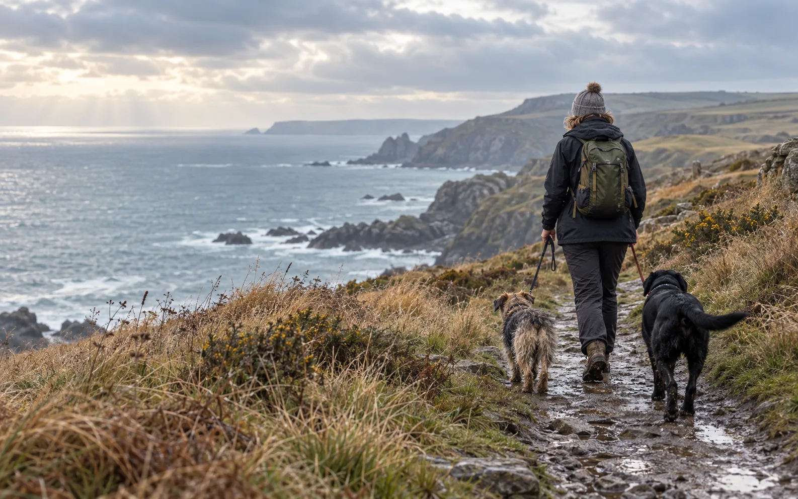 Two dogs and their walker on a wet coastal footpath