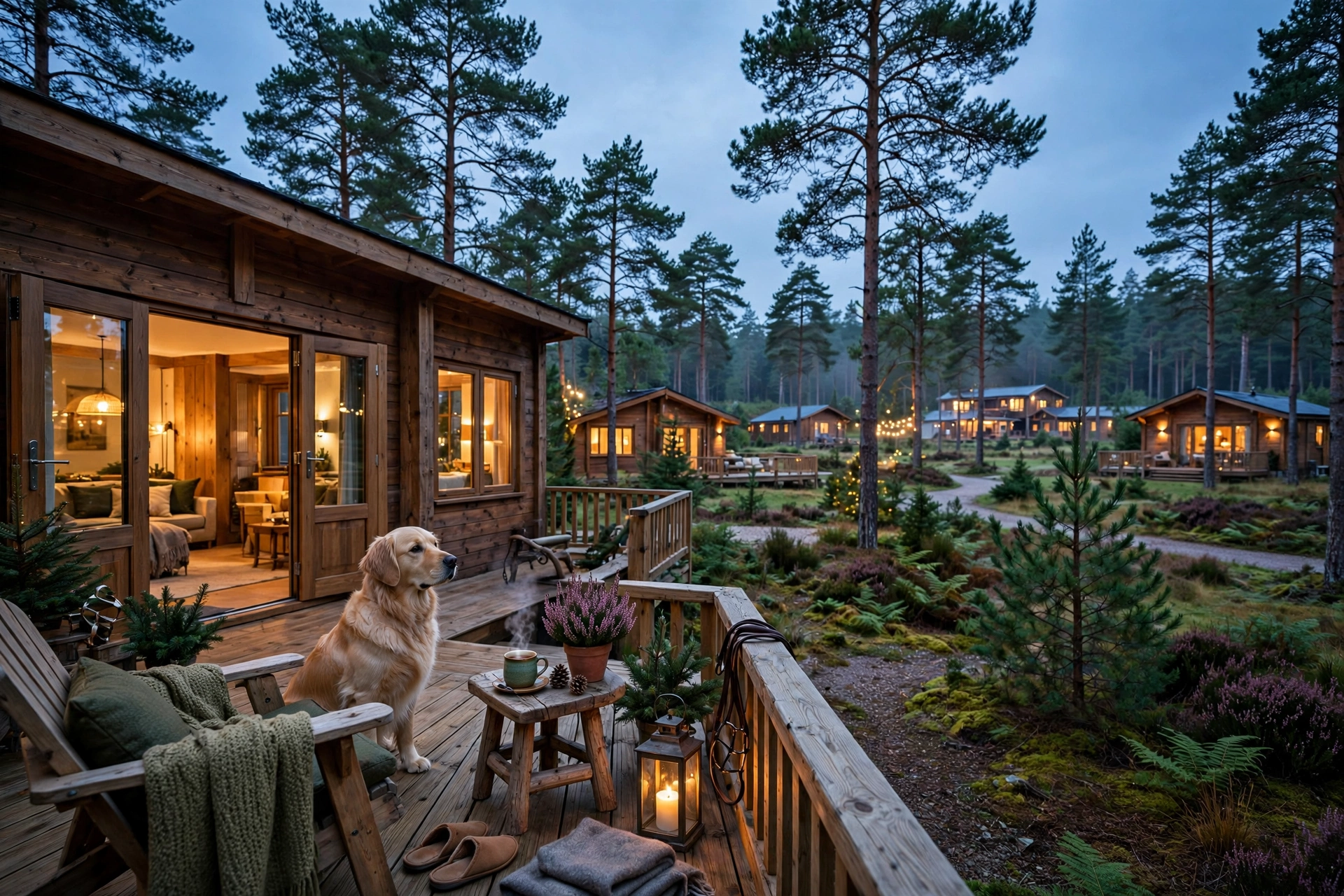 Wooden holiday lodges glowing at dusk among pine trees, a golden retriever on the deck